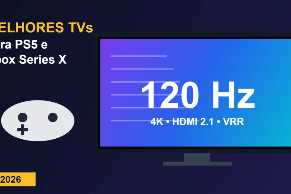 Ilustração de TV 120 Hz 4K com HDMI 2.1 e controle de videogame