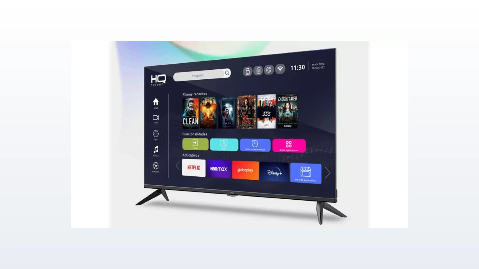 Smart TV HQ exibindo a tela inicial com aplicativos de streaming