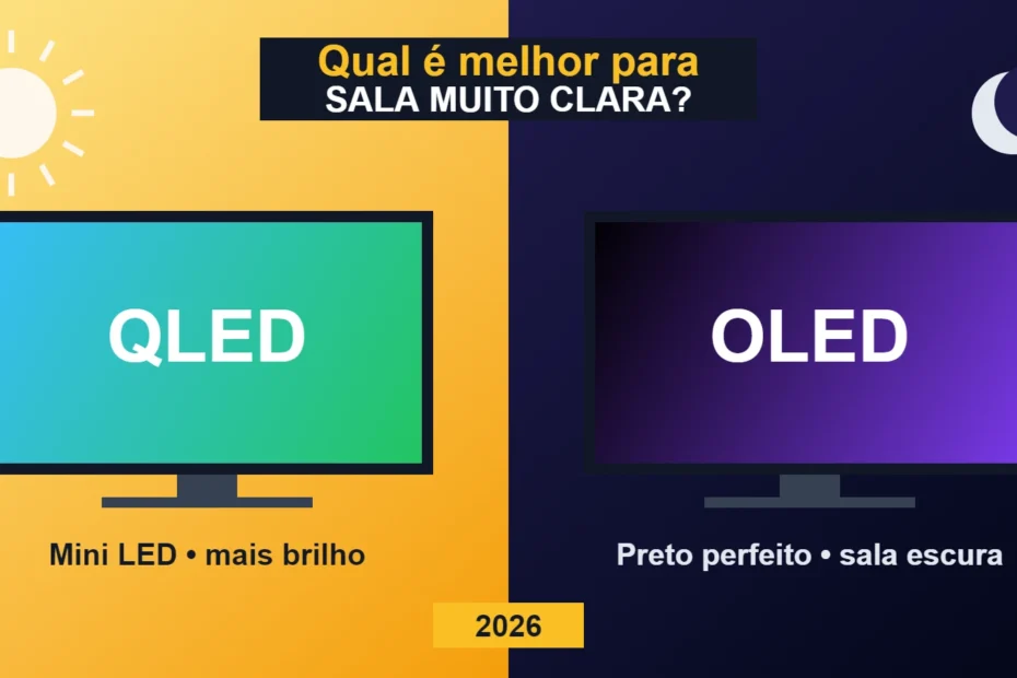 Comparação entre TV QLED Mini LED em sala clara e TV OLED em sala escura